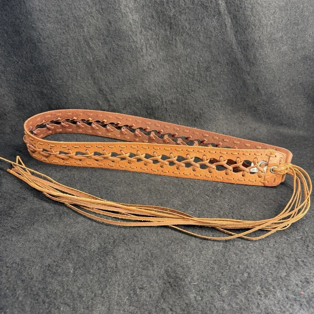 Woven LEATHER Tasseled Wrap Belt Women O/S ONE SIZE Cognac Brown